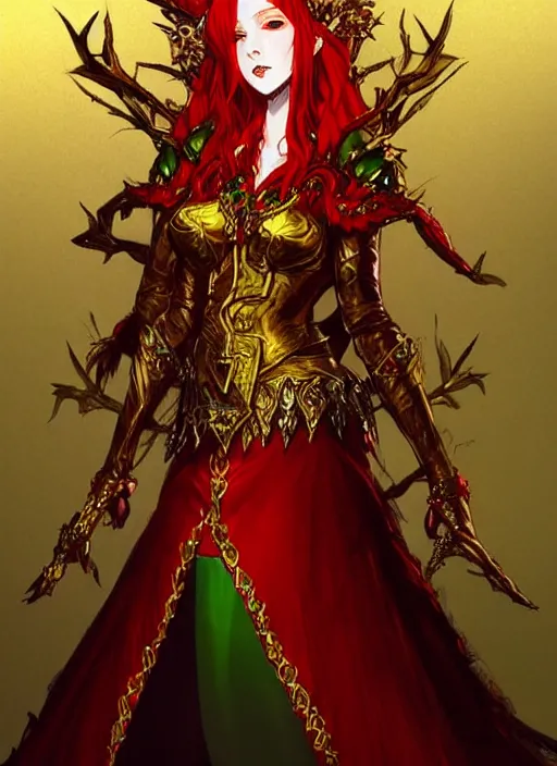 Image similar to Full body portrait of a beautiful red haired elven queen wearing red, green and gold queen dress and elaborate golden crown, bored look. In style of Yoji Shinkawa and Hyung-tae Kim, trending on ArtStation, dark fantasy, great composition, concept art, highly detailed.