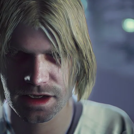 Prompt: a gaming screenshot still of Kurt Cobain in resident evil, Moebius, Greg Rutkowski, Zabrocki, Karlkka, Jayison Devadas, Phuoc Quan, trending on Artstation, 8K, ultra wide angle, video game graphics, realistic unreal engine 3d game, zenith view, cyberpunk pincushion lens effect