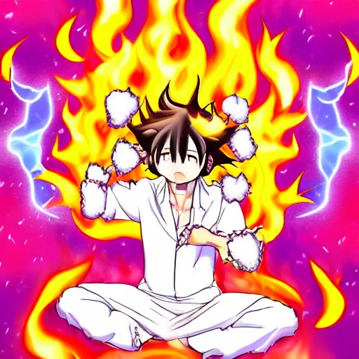 Image similar to fluffy popcorn hit by lightning, elemental spirit, in the style of a manga character, with a smiling face and flames for hair, sitting on a lotus flower, white background, simple, clean composition, symmetrical