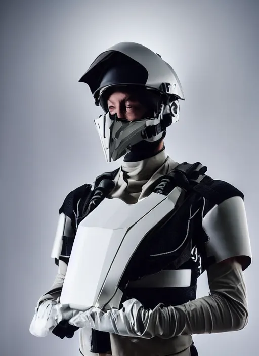 Prompt: Close upper body shot. Artistically angled subject. Professional studio streetwear portrait lighting. Wearing cool badass body-armor Technological DIY sci-fi helmet wearables designed by Ikeuchi Hiroto.