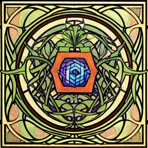 Image similar to beautiful art nouveau painting of companion - cube!!!!!!!!!!!!!!!!! companion - cube!!!!!!!!!!!!!!!!!, by william morris, mucha, gaudy colors. intricate linework. sharp edges.