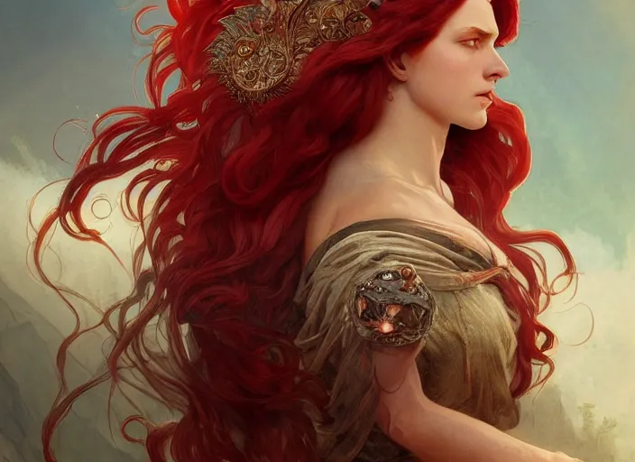 Image similar to A gorgeous Roman Goddess with long flowing red hair, fantasy, intricate, elegant, highly detailed, D&D, digital painting, artstation, concept art, matte painting, sharp focus, illustration, in the style of Greg Rutkowski and Alphonse Mucha and artemisia gentileschi
