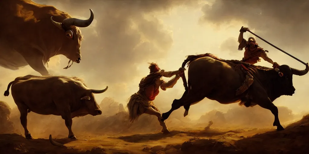 Image similar to don quixote fighting a bull, greek mythology, extremely detailed digital painting, in the style of goya and ruan jia and jeremy lipking and peter mohrbacher, mystical colors, rim light, beautiful lighting, 4 k, stunning scene, raytracing, octane, trending on artstation