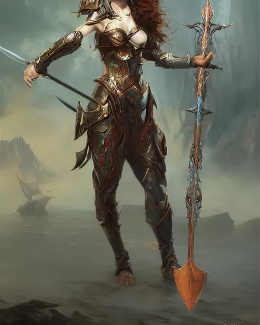 Image similar to game character beautiful sea dragon warrior woman with armor, long hair, holding trident, by Ruan Jia and Gil Elvgren, fullbody