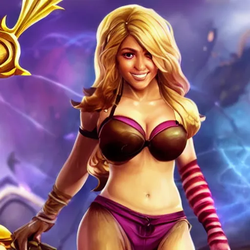 Prompt: shakira as a character in the game league of legends, with a background based on the game league of legends, detailed face