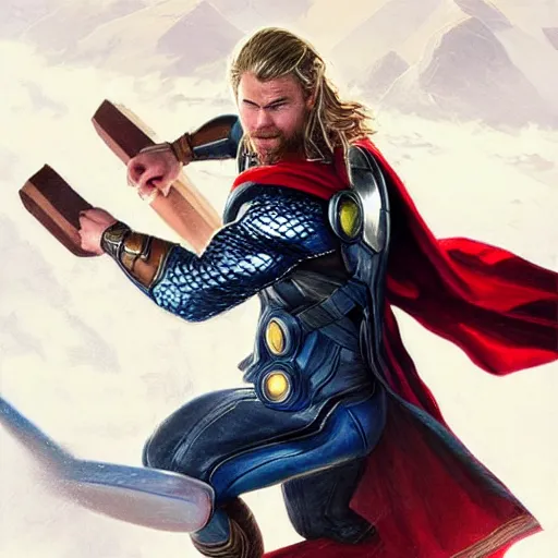 Image similar to Chris Hemsworth as Thor surfing, highly detailed, digital painting, artstation, concept art, sharp focus, illustration, cinematic lighting, art by artgerm and greg rutkowski and alphonse mucha