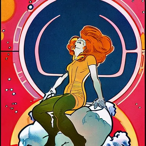 Image similar to a woman with red hair, floating in space. she is an astronaut, wearing a space suit. well composed, clean elegant painting, beautiful detailed face. comic book art by steve ditko and jack kirby and ( alphonse mucha )