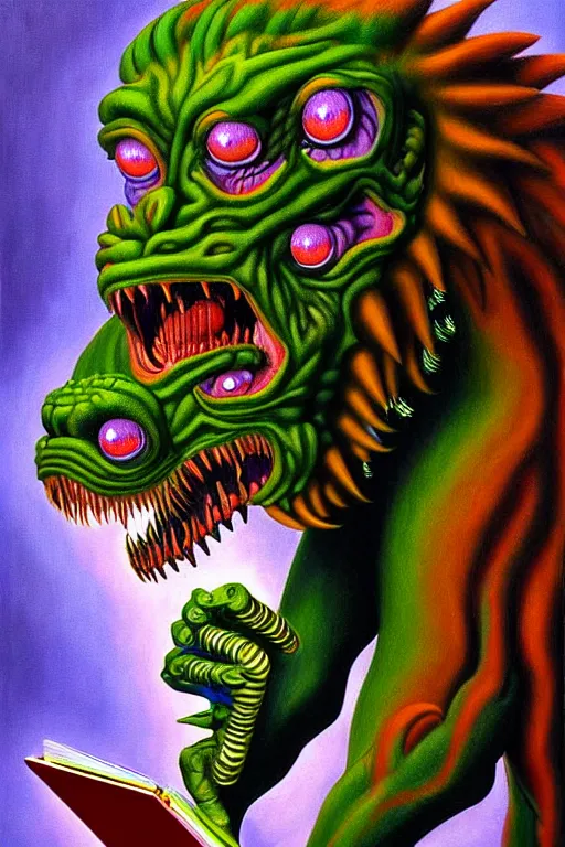 Prompt: a hyperrealistic painting of a chimera monster studying algebra, cinematic horror by chris cunningham, lisa frank, richard corben, highly detailed, vivid color,