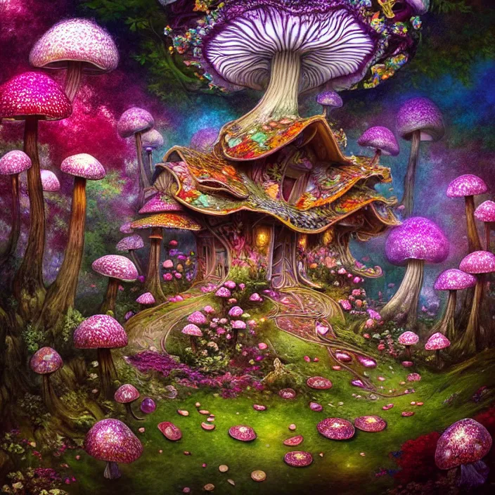 Image similar to extremely psychedelic home made of orchid and cherry blossom tree and mushroom, LSD, diffuse lighting, fantasy, intricate, elegant, highly detailed, lifelike, photorealistic, digital painting, artstation, illustration, concept art, smooth, sharp focus, art by John Collier and Albert Aublet and Krenz Cushart and Artem Demura and Alphonse Mucha