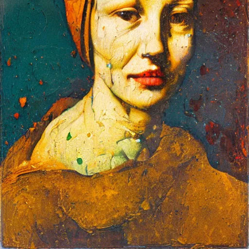 Image similar to oil paint impasto relief, portrait of woman's face, deep under water, looking up, air bubbles, multi layered thick brush marks, some splattered paint, in the style frank auerbach and leonardo da vinci and vermeer