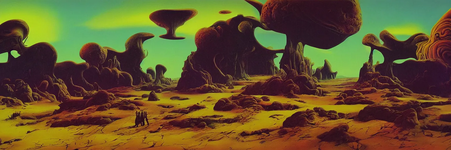 Image similar to psychedelic surreal alien landscape, by roger dean, by dean ellis, detailed high resolution, atmospheric environment, oil on canvas