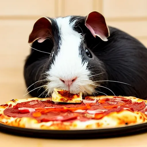 Prompt: A guinea pig eating pizza while watching tv