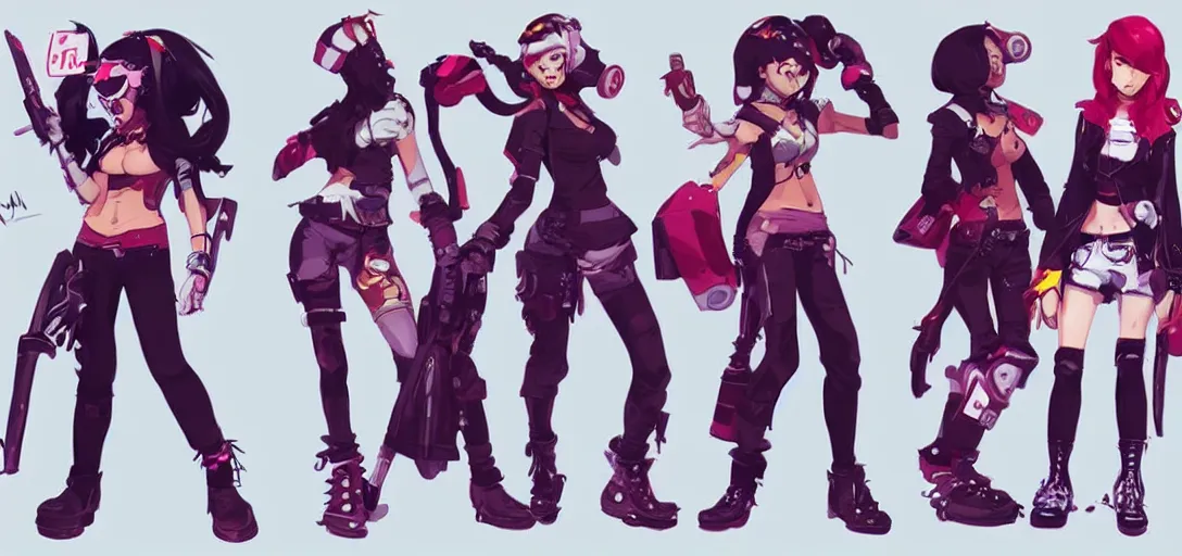 Image similar to concept art of punk female video game characters head designs, loud, intimidating, disgaea, flcl, overwatch, by marc brunet and artgerm