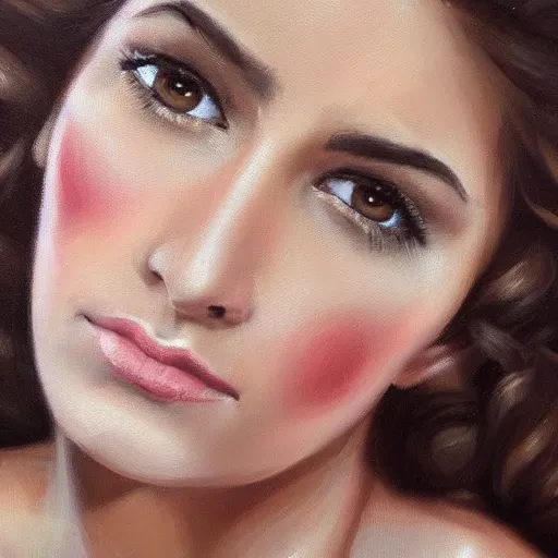 Prompt: beautiful portrait face centre oil on canvas of brunette with curly hairstyle, looks like Ebru Şahin, Reyyan, looks like Fabiula Nascimento, looks like Laura Barriales, intricate, elegant, highly detailed, artstation, concept art, sharp focus, art by Alina Ivanchenko, Rob Ross, WLUP, artgerm