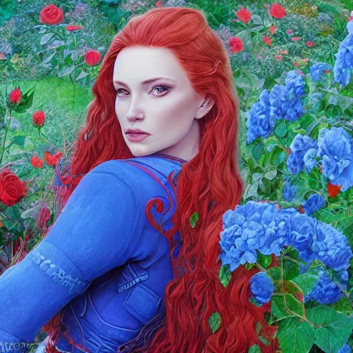 Image similar to a beautiful warrior woman, red hair, blue dress, detailed, rose garden, by john howe _ h 7 0 4