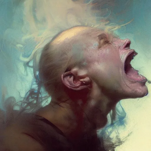 Image similar to hyperrealist portrait of a screaming head made of smoke by jeremy mann and alphonse mucha and alan lee, fantasy art, photo realistic, dynamic lighting, artstation, poster, volumetric lighting, very detailed faces, award winning