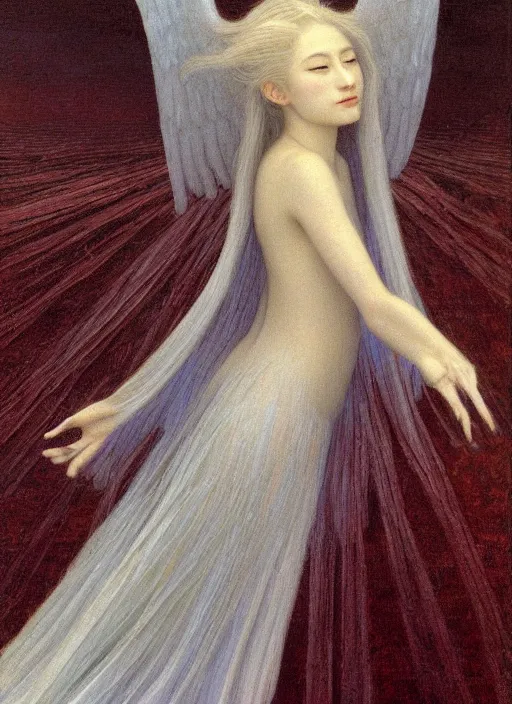 Image similar to thin young angel with silver hair, pale!, wearing robes, female goddess, flowing hair, pale smooth, young cute wan asian face, covered!!, oil on canvas by jean delville, 4 k resolution, aesthetic!,