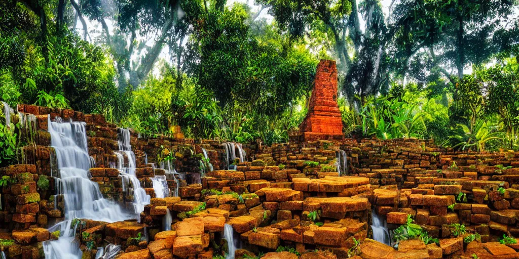 Prompt: ancient forest stone brick temple with a waterfall and colorful tropic mango trees, banana trees, orange trees, papaya trees, sunset, high definition, high detail, photorealisitc, 8k,