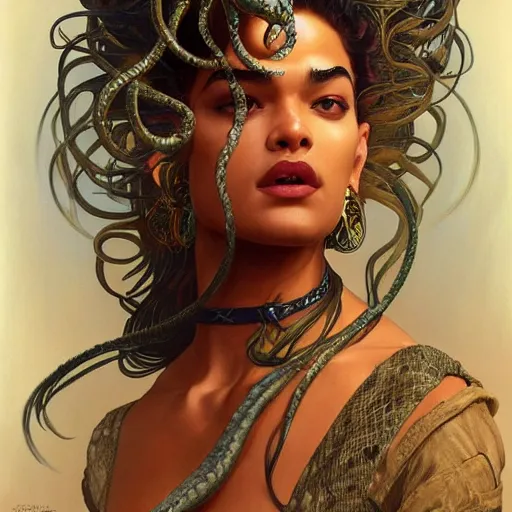 Image similar to Shanina Shaik as Medusa, frowning, scowl, snakes for hair, intricate, elegant, highly detailed, digital painting, artstation, concept art, smooth, sharp focus, illustration, art by artgerm and greg rutkowski and alphonse mucha and Chris Achilleos