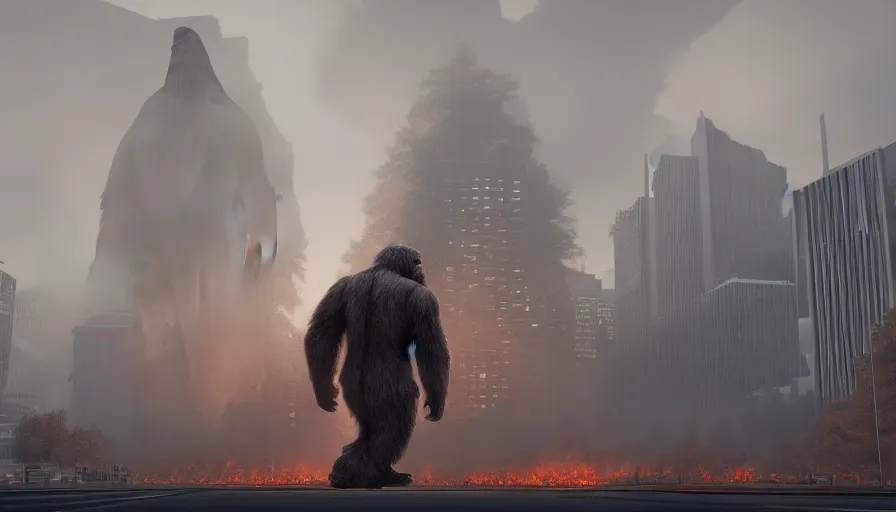 Image similar to giant bigfoot destroying wahsington dc, fire, ashes, collapsing, fog, grey sky, smoke, buildings, hyperdetailed, artstation, cgsociety, 8 k