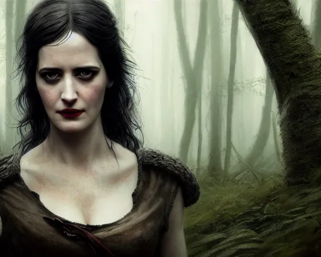 Image similar to 5 5 mm portrait photo of a real life tough looking eva green as ciri with ashen hair and a large scar along her left cheek, in a magical forest. dark atmosphere. art by greg rutkowski. highly detailed 8 k. intricate. lifelike. soft light. nikon d 8 5 0.