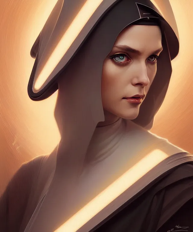 Prompt: futuristic nun woman portrait, sci-fi, amber eyes, face, long hair, fantasy, intricate, elegant, highly detailed, digital painting, artstation, concept art, smooth, sharp focus, illustration, art by artgerm and greg rutkowski and alphonse mucha