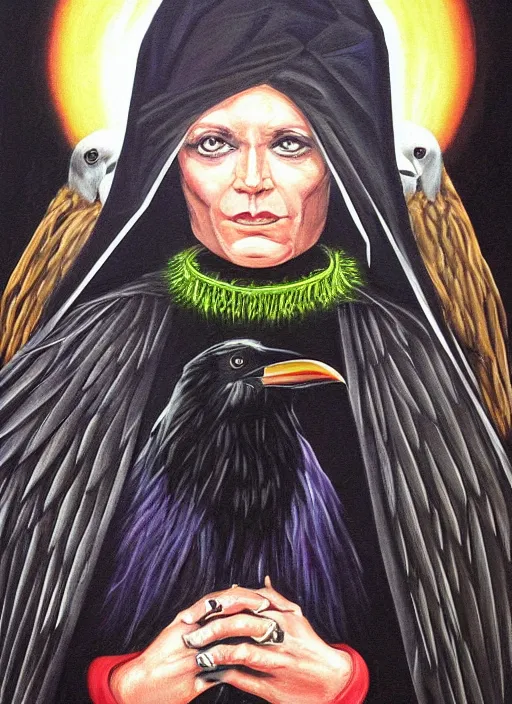 Image similar to portrait centered on a raven in a vantablack cloak and holding a symbolic weapon. painting in the style of symbolism. portrait hung up in a windows 9 8 wallpaper. r / oldschoolfantasy