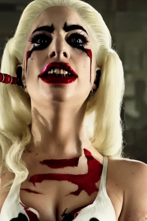 Prompt: film still of Lady Gaga as Harley Quinn in American Horror Story, 4k