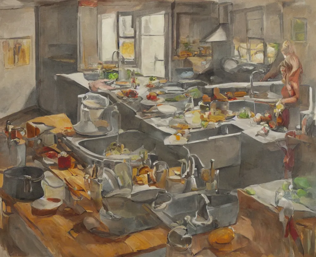 Image similar to artwork of Lucian Frued depicting kitchen sink