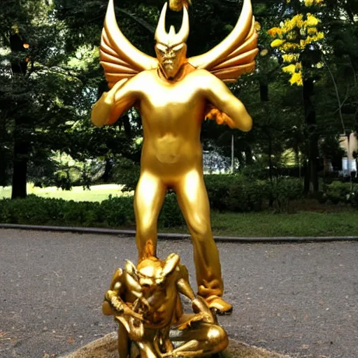 Image similar to male demon, devil golden monument stands in a park