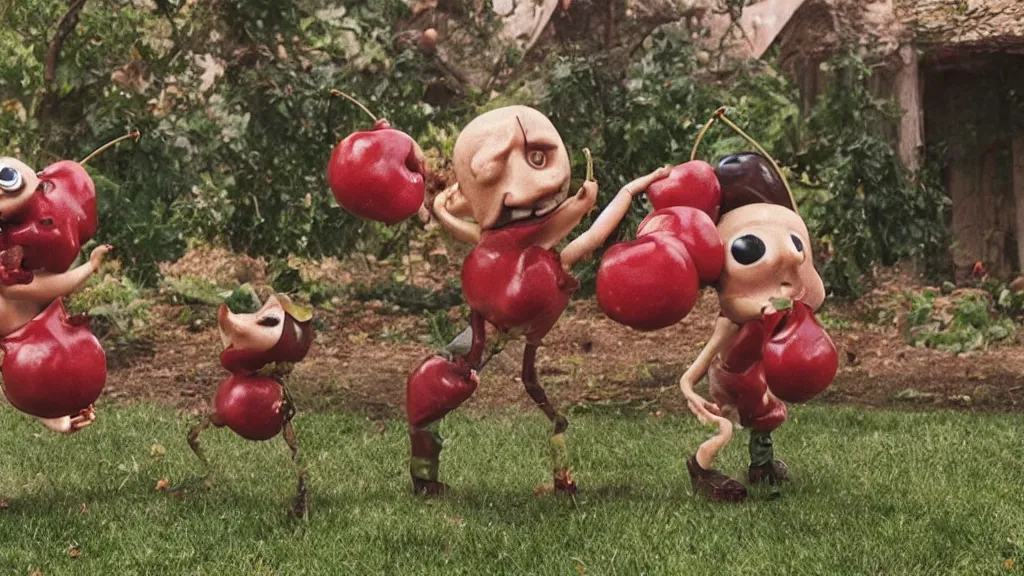 Image similar to anthropomorphic cherries fighting in a backyard, film still from the movie directed by Denis Villeneuve with art direction by Salvador Dalí, wide lens