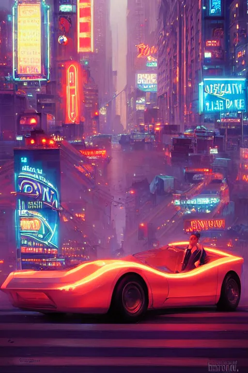 Image similar to four guys drove one into the gateway of the new york of the future, neon signs,, painting by greg rutkowski, j. c. leyendecker, artgerm