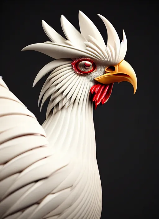 Image similar to hyper detailed ultra sharp portrait of a beautiful fashionable porcelain ivory cyberpunk scifi rooster, well contoured smooth colorful feathers, up close shot, sharp focus, global illumination, radiant light, black haute couture, alexandre ferra, irakli nadar, octane render, 4 k, ultra hd,