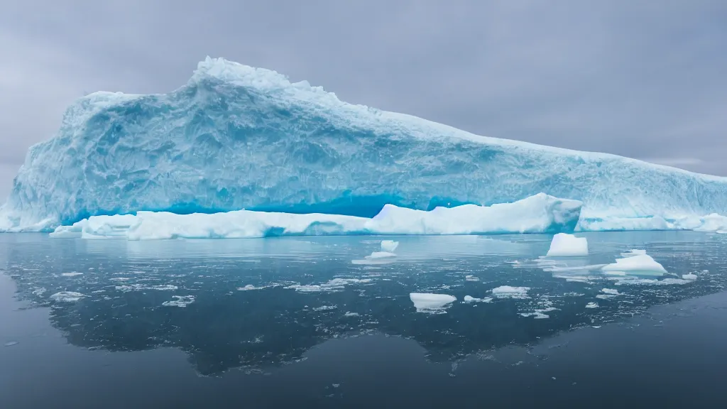 Prompt: photo of the most beautiful panoramic landscape, where a giant iceberg is lost in the frozen artic ocean, a giant polar bear is exhaling steam while walking over the iceberg, the frozen artic ocean is reflecting the giant polar bear and the ray lights of the sunrise are brightening him