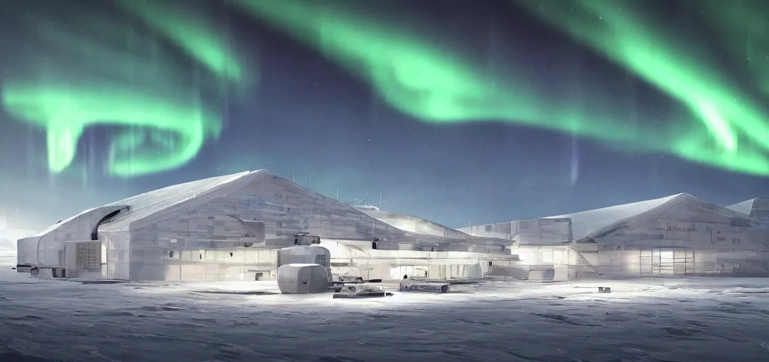 Image similar to modern research facility in the arctic at night, northern lights, aurora borealis, dramatic lighting, cinematic, establishing shot, extremely high detail, photo realistic, cinematic lighting, post processed, concept art, artstation, matte painting, style by eddie mendoza, raphael lacoste, alex ross