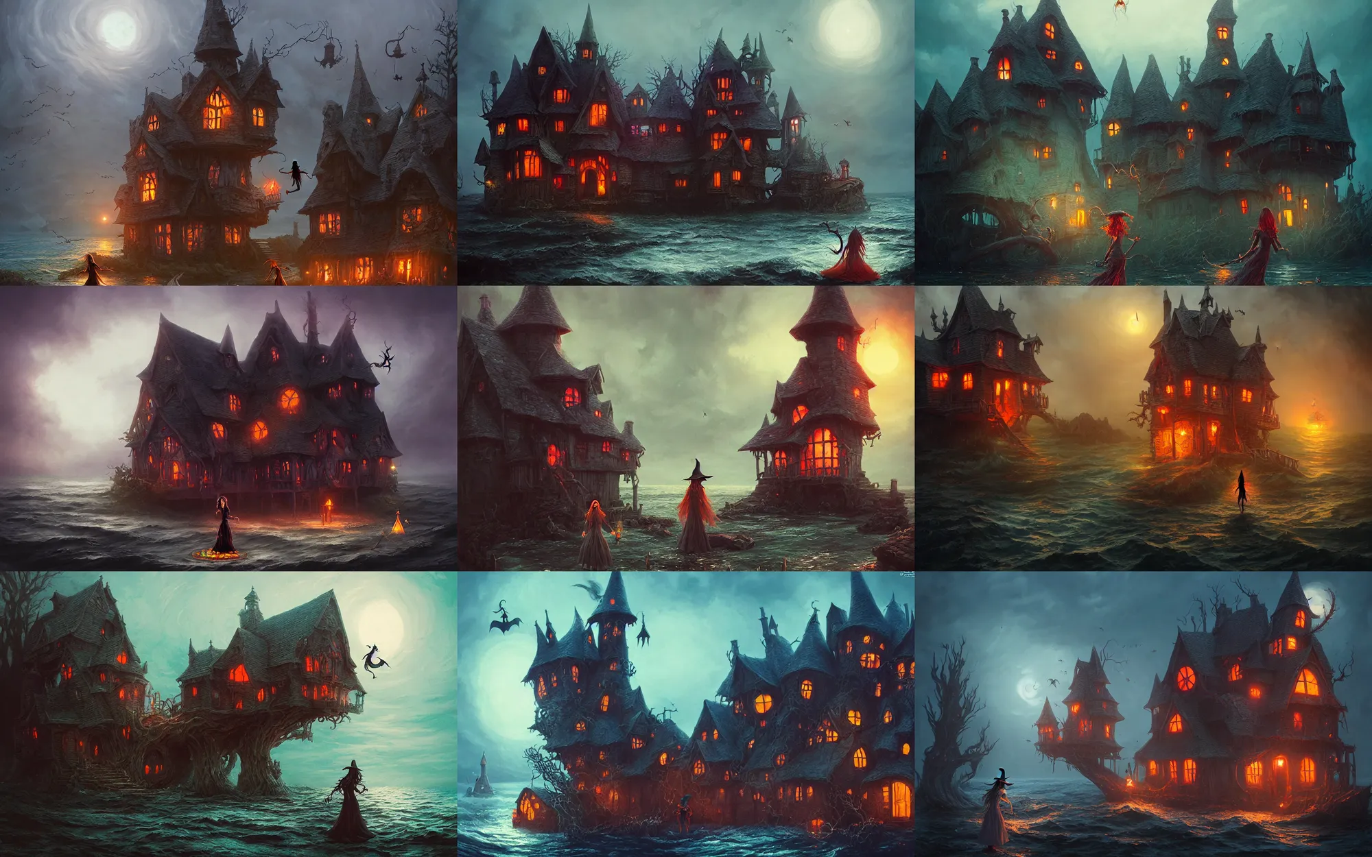 Prompt: a scary witch in front of a witch house which is made out of candy, floating on the ocean, epic scene, fantasy, cinematic, hyper - detailed, in the style of greg rutkowski