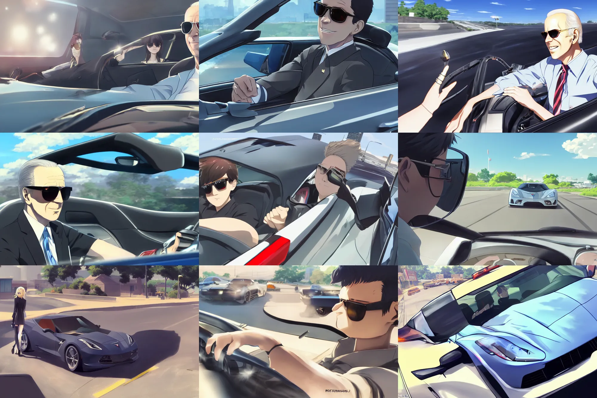 Prompt: photorealistic Joe Biden Sunglasses driving a corvette on a summer day, anime key visual, digital art, anime screenshot, kyoto animation, makoto shinkai, trending on artstation