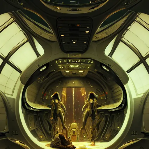 Image similar to interior of a alien spaceship, heroic lighting, sci-fi, intricate, elegant, highly detailed, lifelike, photorealistic, digital painting, artstation, illustration, concept art, smooth, sharp focus, art by John Collier and Albert Aublet and Krenz Cushart and Artem Demura and Alphonse Mucha
