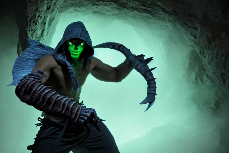 Prompt: vfx film, photorealistic render, soul reaver, raziel irl, price of persia movie, missing jaw, hero pose, devouring magic souls, scarf, hood, glowing green soul blade, in epic ancient sacred huge cave temple, flat color profile low - key lighting award winning photography arri alexa cinematography, hyper real photorealistic cinematic beautiful, atmospheric cool colorgrade