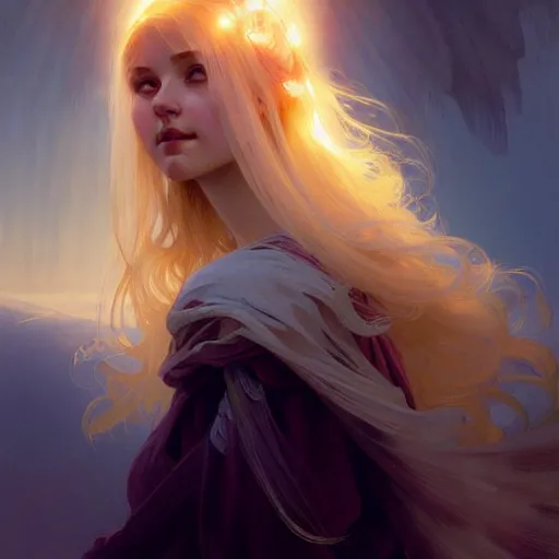 Prompt: Portrait of a girl with blonde hair, a glowing halo, a sheer translucent vale, huge highly detailed wings, fantasy, intricate, elegant, highly detailed, digital painting, artstation, concept art, smooth, sharp focus, illustration, art by Krenz Cushart and Artem Demura and alphonse mucha