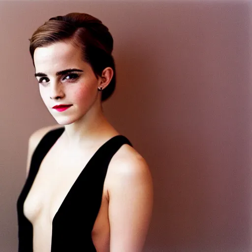 Image similar to elegant portrait of emma watson looking at the camera, pinup, boudoir, 35mm film, Porta 400, f/1.8 portrait