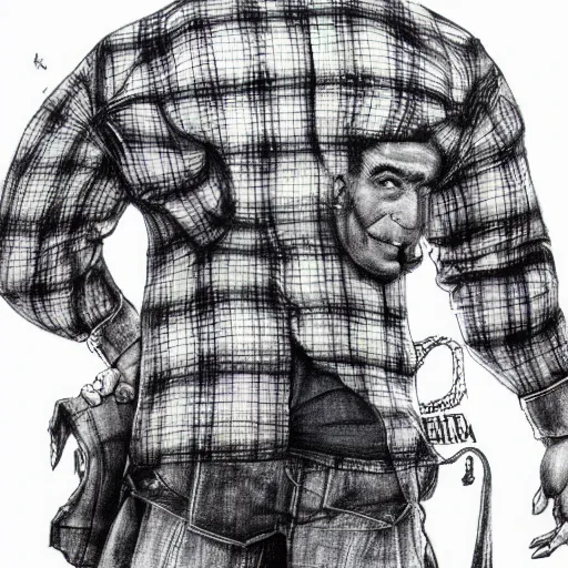 Image similar to character concept art HD render of a modern human, with a strongman's build, wearing a flannel jacket and blue jeans. by Michael William Kaluta.