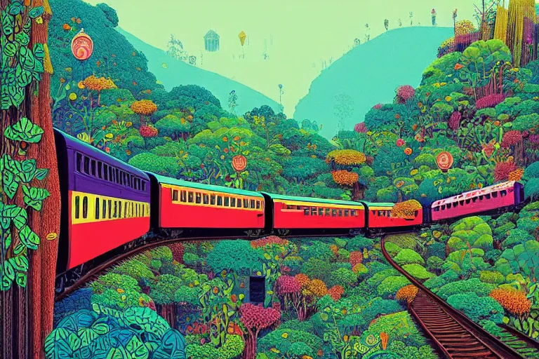 Prompt: surreal glimpse into other universe, choo choo train to penang hill, summer morning, very coherent and colorful high contrast, art by!!!! gediminas pranckevicius!!!!, geof darrow, floralpunk screen printing woodblock, dark shadows, hard lighting, stipple brush technique,