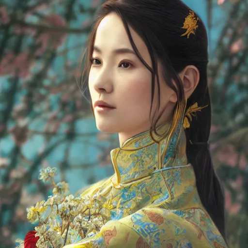 Image similar to woman wearing ao dai, ultra realistic, concept art, intricate details, highly detailed, photorealistic, octane render, 8 k, unreal engine. art by artgerm and greg rutkowski and alphonse mucha