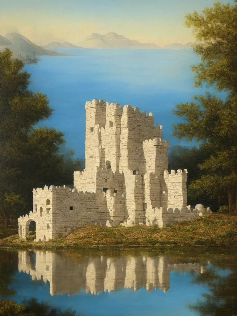 Prompt: an ancient white castle in the turkish style, with the lake reflecting a shadow similar to it. 8 k, oil on canvas, hyperdetailed