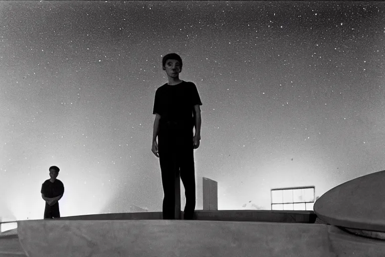 Image similar to a young man stands in the planetarium, planets and stars at background, low low exposure, decisive moment, anri cartier bresson