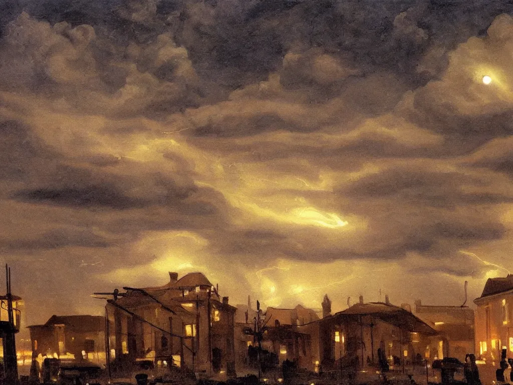 Image similar to a weird painting of a a lightning storm over a small town at night by john philip falter, camille corot, concept art, artstation