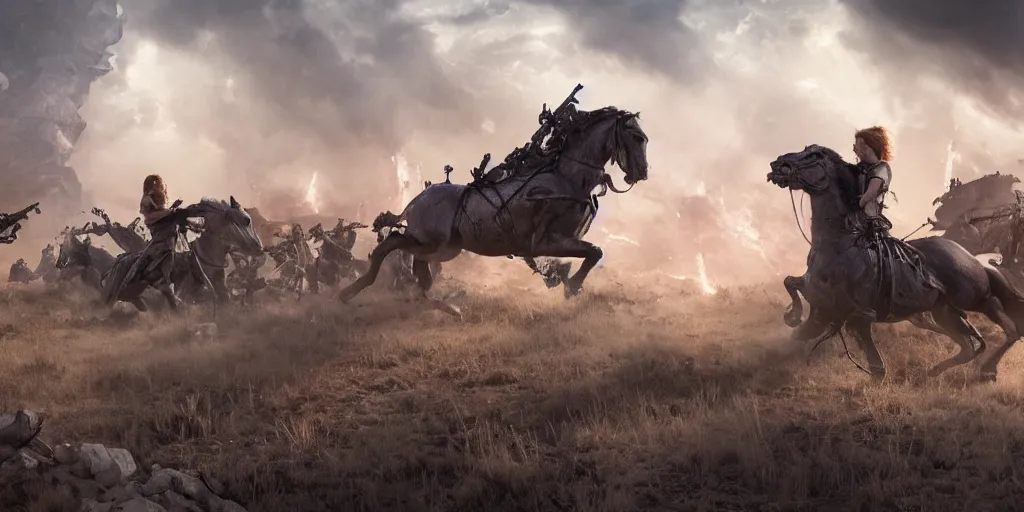 Prompt: a promotional movie still from terminator ( t 2 ) depicting the battle of the little bighorn. majestic horses, action scene, an epic fantasy, dramatic lighting, cinematic, extremely high detail, photorealistic, cinematic lighting, maxwell boas jessica rossier christian dimitrov anton fadeev trending on artstation cgsociety rendered in unreal engine 4 k hq