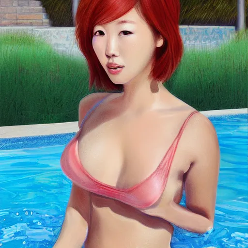 Prompt: korean redhead at pool, hd, realistic, digital painting