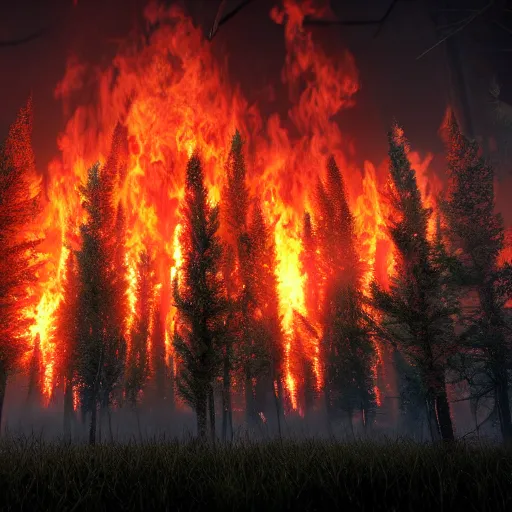 Image similar to surreal burning forest beautiful 4 k hyperrealistic artstation trending ray traced unreal engine detailed high resolution high detail drawn by peter michaels michaels mackentire and ronaldo swansonjohnson